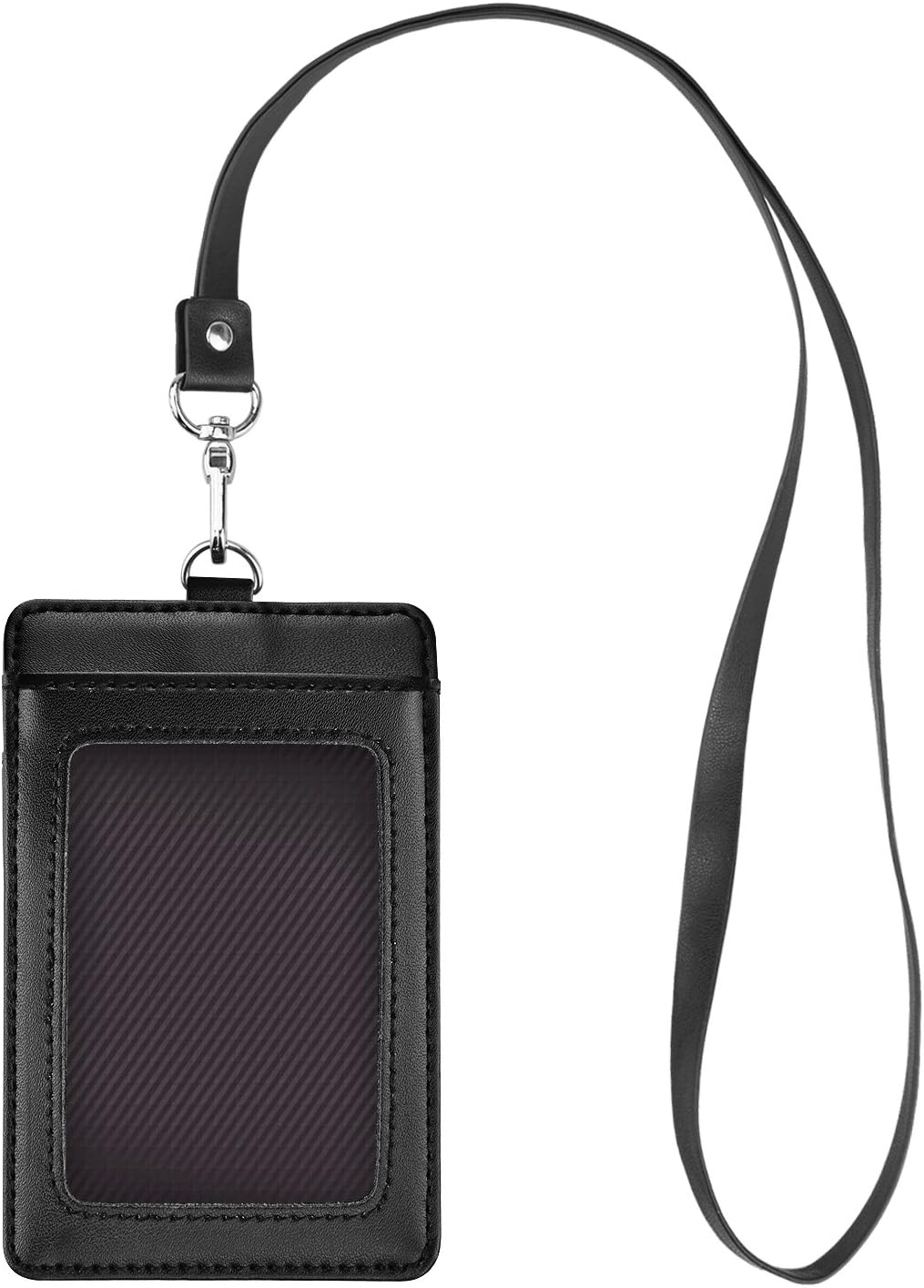 Fushing Vertical Genuine Leather ID Card Name Tag Badge Holder Protector with Neck Strap Lanyard for Business School Event (Black)