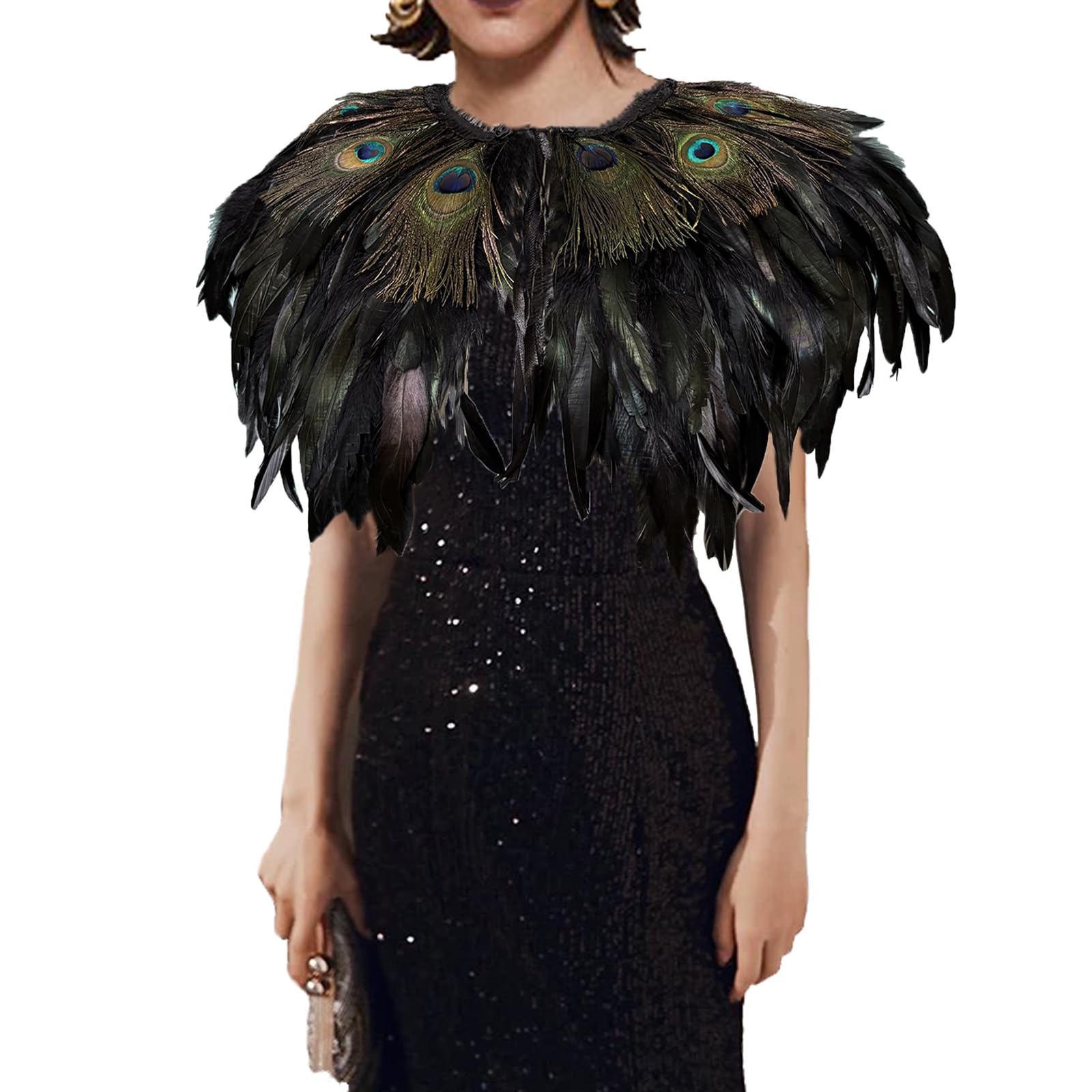 Yoodeet Handmade Feather Shawl Peacock Feather Cape Collar, Black Feathers with Iridescent Eyes, Gothic Costume Accessory Versatile Headpiece Bridal Accessory