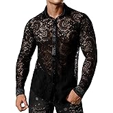 JOGAL Men's See Through Flower Lace Sheer Blouse Long Sleeve Button Down Shirts