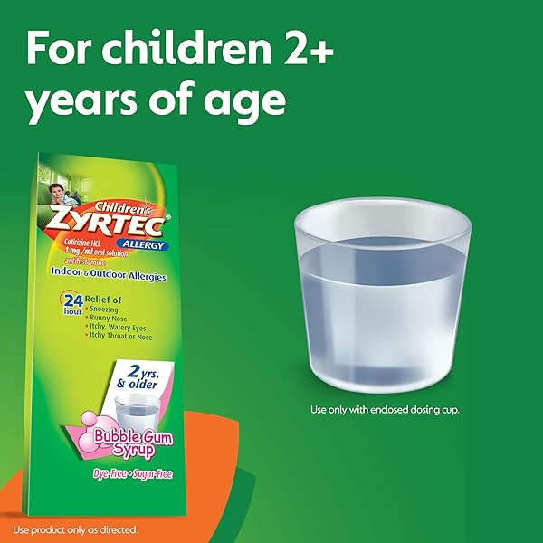 ZYRTEC CHILDREN’S 24 HOUR ALLERGY RELIEF SYRUP, 5 MG CETIRIZINE HCL ANTIHISTAMINE, KIDS ALLERGY MEDICINE FOR INDOOR & OUTDOOR ALLERGY RELIEF, DYE-FREE & SUGAR-FREE, BUBBLE GUM, 4 FL. OZ