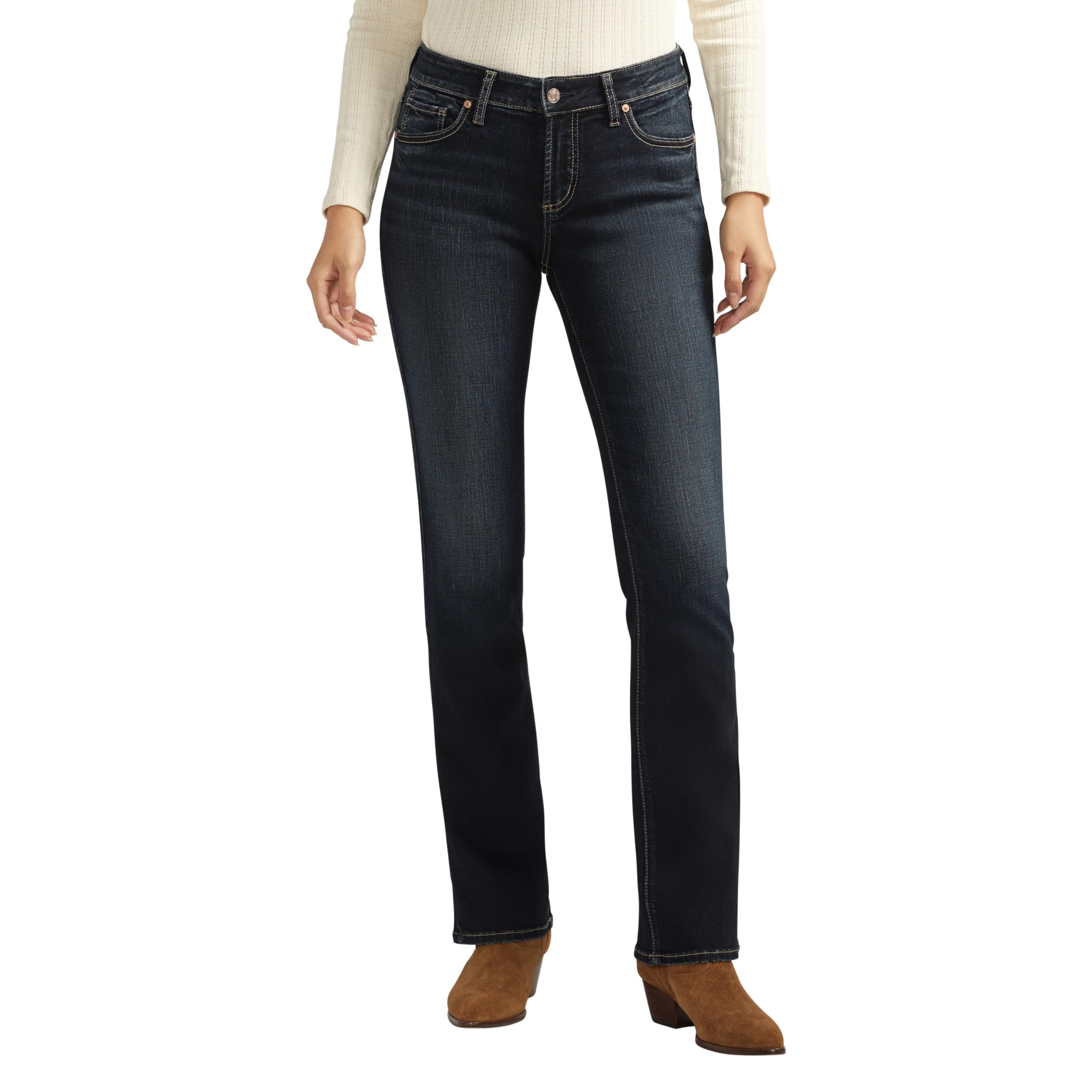 Silver Jeans Co. Women’s Elyse Mid Rise Comfort Fit Slim Bootcut Jeans, Dark Indigo, 24W x 31L