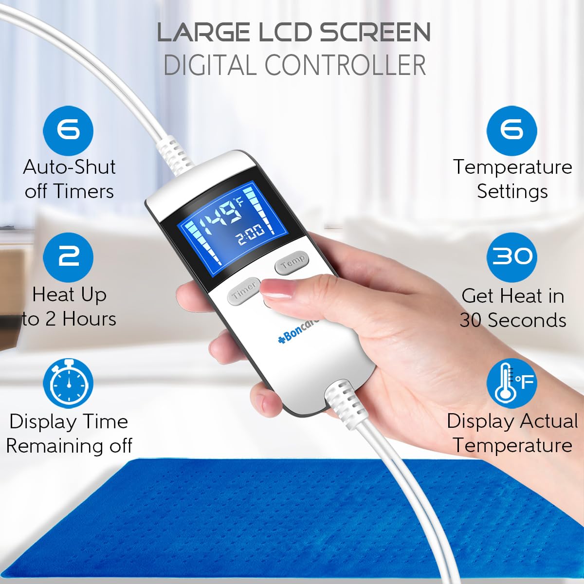 Boncare® LCD Digital Control Electric Heating Pad for Period Cramps and Back Pain Relief Large Size, 6 Timers Auto Off & 6 Temp Settings, Super Soft Heat Pad Moist/Dry Natural Therapy (Blue, 12