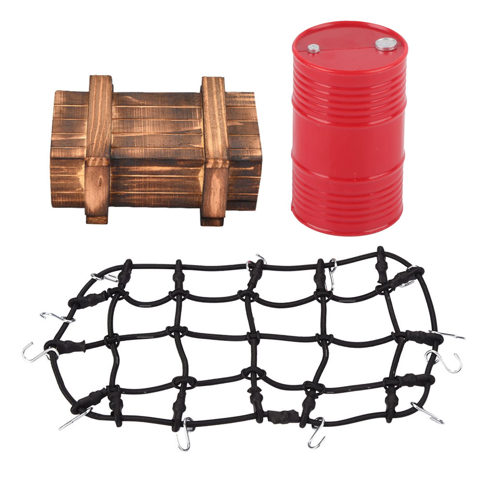RC Car Oil Drum Luggage Net Box, Remote Control Luggage Net Wooden Box Decorative Oil Drum Set for 1/10 Scale RC Crawler Car