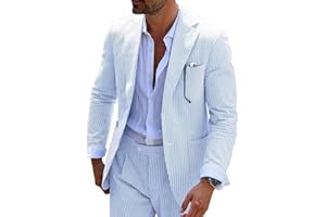 FXZPIODI Seersucker Slim Suits for Men Formal Casul Summer Beach Wedding Grooms 2 Piece Blazer Pants Party Striped Suit Sets