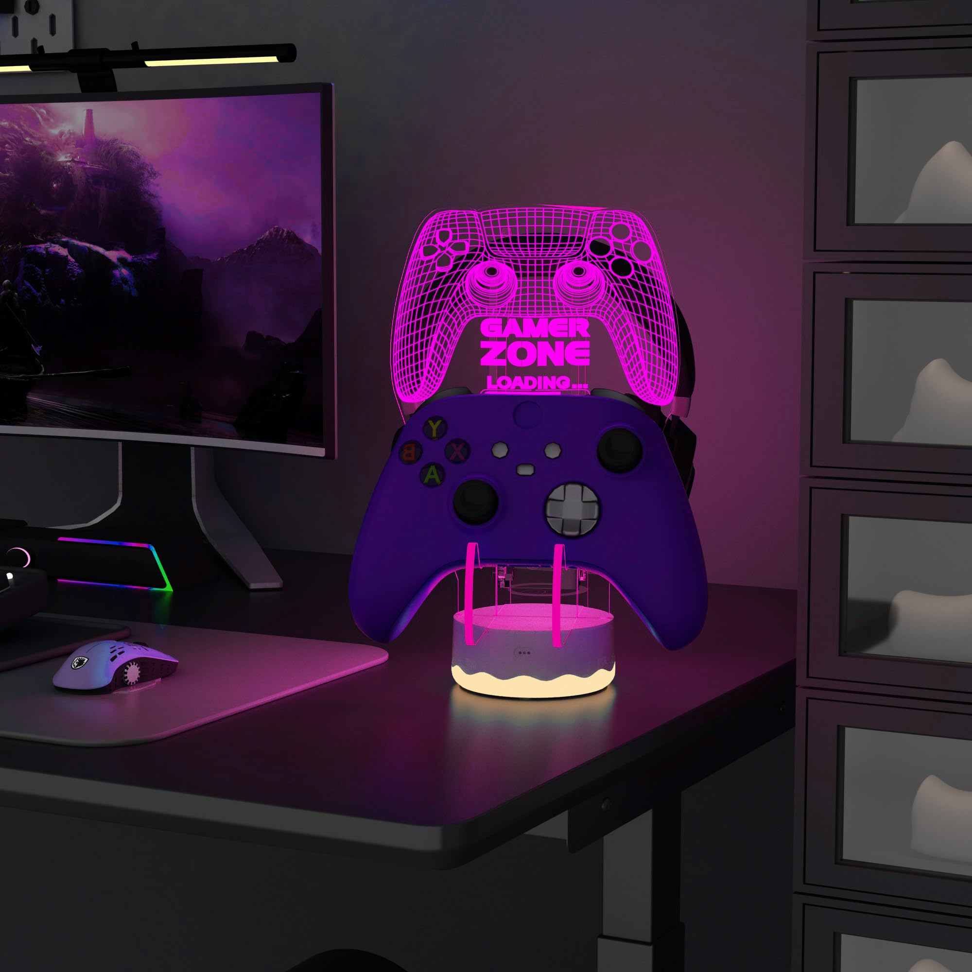 CoolGift Mart Light Up Headset und Controller Ständer, 16 Farben 3D LED Lichter Gamepad Kopfhörerhalter mit Fernbedienung, Game Controller Hänger für alle Universal Gaming PC Zubehör 6