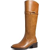 HOCHFART Women's Knee High Boots Round Toe Chunky Block Heel Side Zipper Buckle Riding Boots