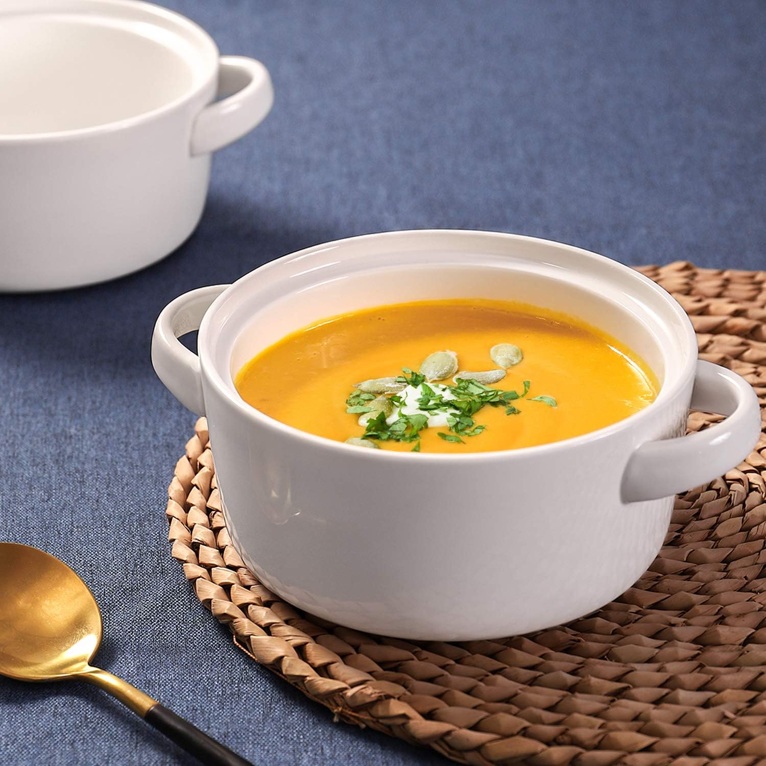 DOWAN Soup Bowls with Handles, 24 ounces Ceramic Serving Soup Bowl Set for kitchen, White French Onion Soup Crocks Oven Microwave Dishwasher Safe, Large Stackable Handled Bowls Set of 4: Health & Personal Care