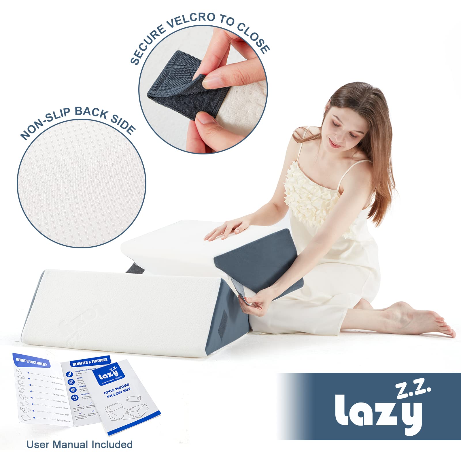 6pcs Orthopedic Bed Wedge Pillow Set, Memory Foam Wedge Pillow for Sleeping, Knee, Lumbar and Back Pain Relief Adjustable Bed Pillow - Acid Reflux, Anti Snoring & GERD Sleeping, Grey