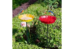 DREAMSOUL 2 PCS Bird Bath Stake, Metal Bird Bath for Outside Garden Red & Yellow Bird Baths for Outdoors