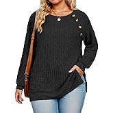 VISLILY Womens-Plus-Size-Tops Casual Long Sleeve Shirts Trendy Button Decor Tunics Lightweight Sweaters Side Split Blouses