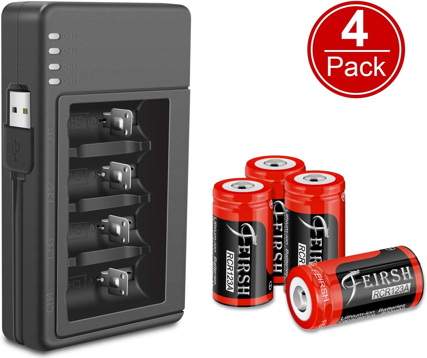 Arlo CR Rechargeable Batteries Upgrade 4 Pack 123A 3.7V 800mAh Protected Batteries with Case and Arlo Battery Charger for Arlo VMC3030 VMK3200 VMS3330 3430 3530 Wireless Security Cameras Alarm System