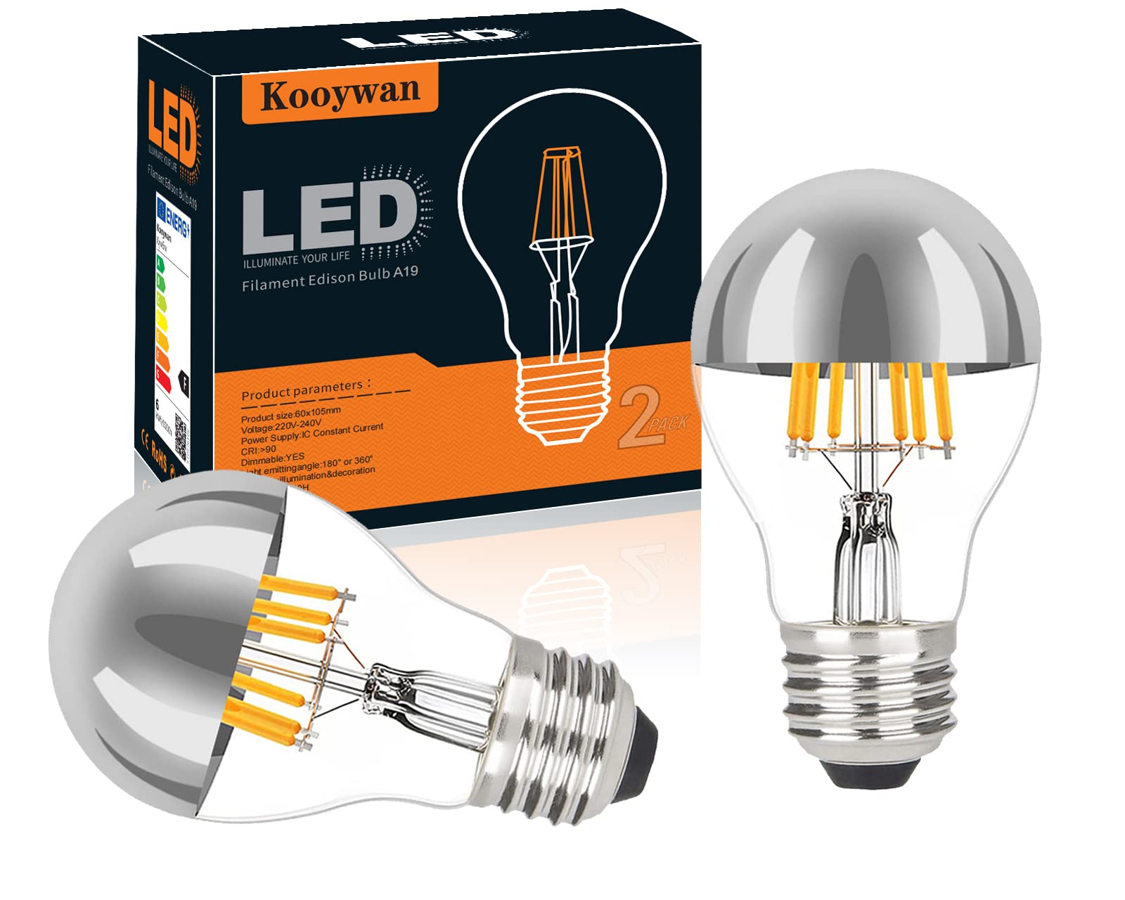 KOOYWAN Silver LED Crown Light bulb-E27 Screw Bulb-Dimmable 6W (60W Equivalent) A60 A Shape Decorative LED Classic Edison Bulb Silver Mirror Reflected Light 2700K Warm White Pack of 2