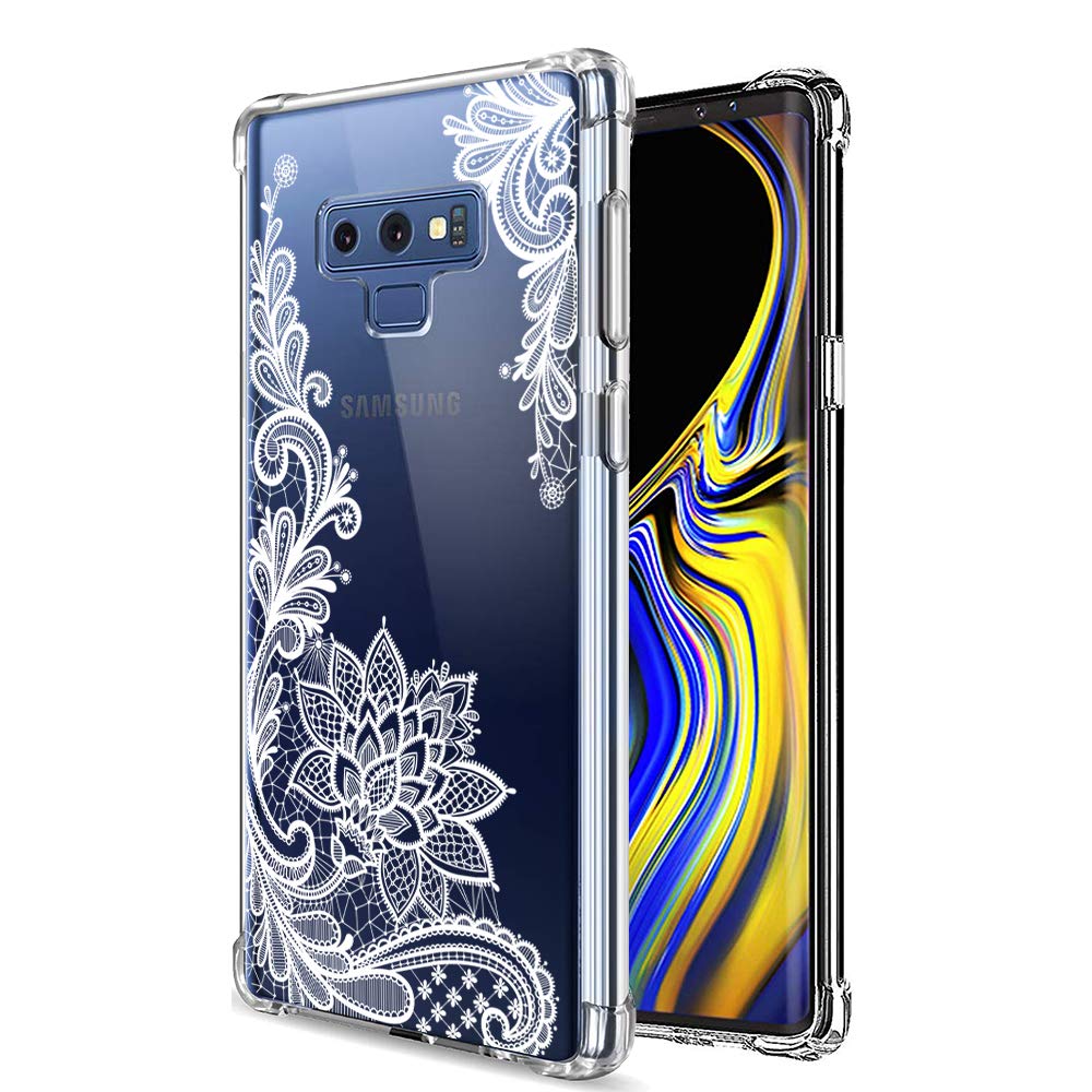 KIOMY Clear Case for Samsung Galaxy Note 9 5G Airbag Corners Shockproof Bumper Protective Phone Cover, Hybrid Design Hard PC Back with Flexible TPU Frame Cute Lace Flower Floral Design