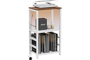 YAKANJ End Table with LED Light,Record Player Stand with Albums Storage,Vinyl Records Storage,Turntable Stand Side Table for Music Room Studio Living Room Bedroom-White