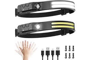 Beccason 2PCS LED Headlamp Rechargeable - 230° COB Super Bright Head Lights for Forehead, Hard hat Light for Adults, USB C Headband Flashlight for Work, Hiking, Running, Camping Essentials Gear