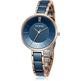 ROCOSJEWE Women’s Ceramic Quartz Analog Watch, Blue Dial with Rose Gold Accent, Ultra-Thin Design, Butterfly Clasp, 30M Waterproof Watches for Women