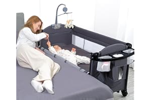 zebrater 5 - in -1 Baby Bassinet Bedside Cribs,Pack and Play Bedside with Waterproof Sheet & Mattress,Large Pack n Play with Diaper Changer，Folding Portable Playard from Newborn to Toddler