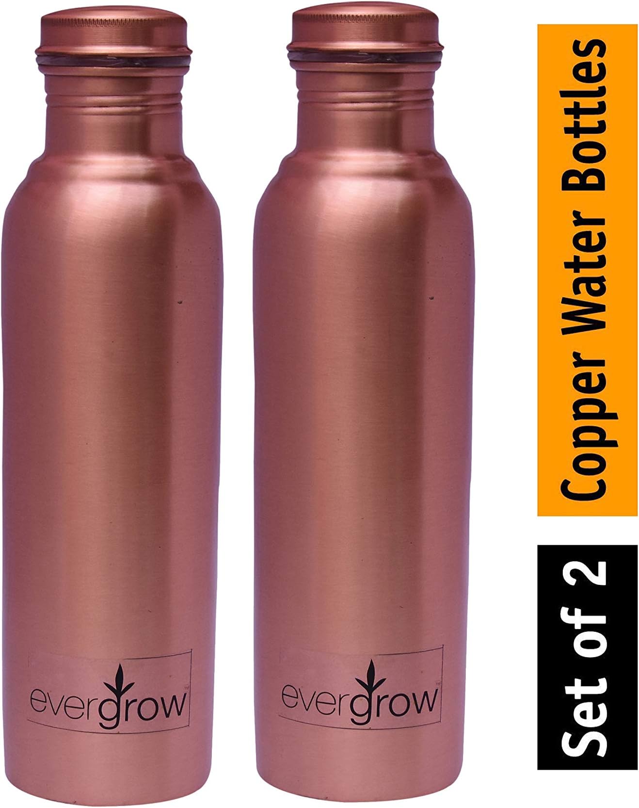 Evergrow Plain Copper Handmade Jointless Leak Proof Yoga Water Bottle for Ayurvedic Health Benefits, 500ml (Brown) - Set of 2