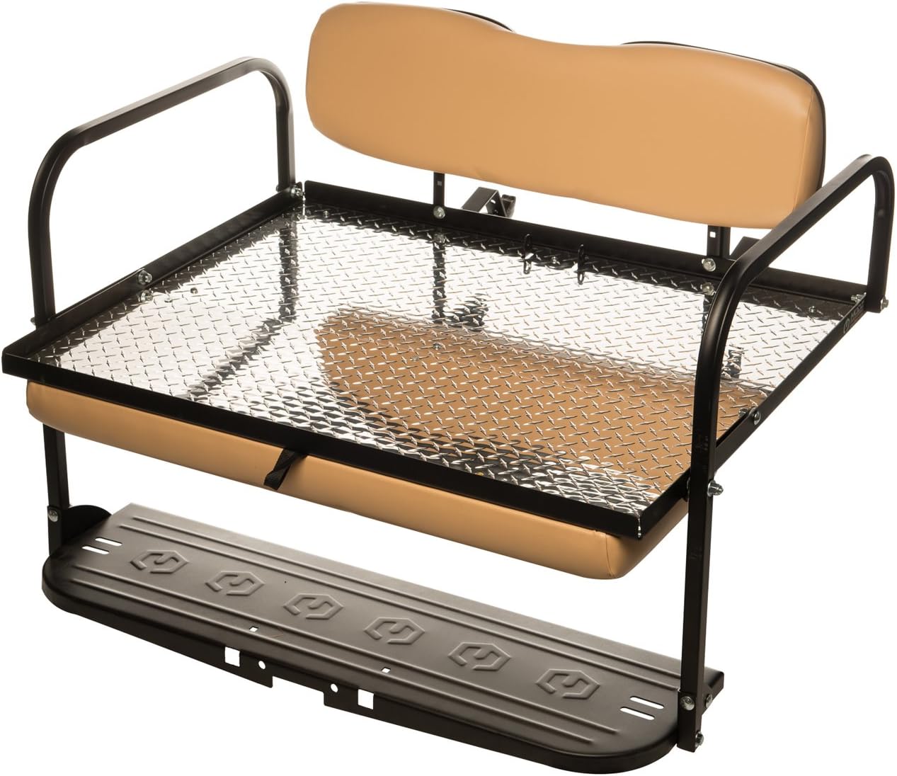 1995-Up EZGO TXT Golf Cart"All American" Rear Flip Back Seat Kit - Tan Cushions - Diamond Plate Deck