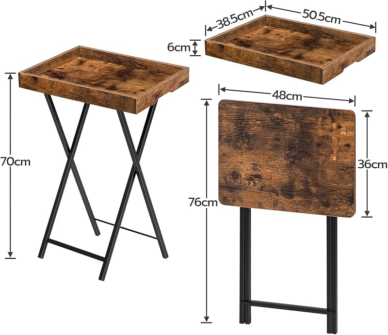Mesa lateral com bandeja, sofá dobrável com bandeja de madeira removível, mesa de centro de estilo vintage com estrutura metálica, estilo industrial contemporâneo, castanho rústico EBF29BZ01