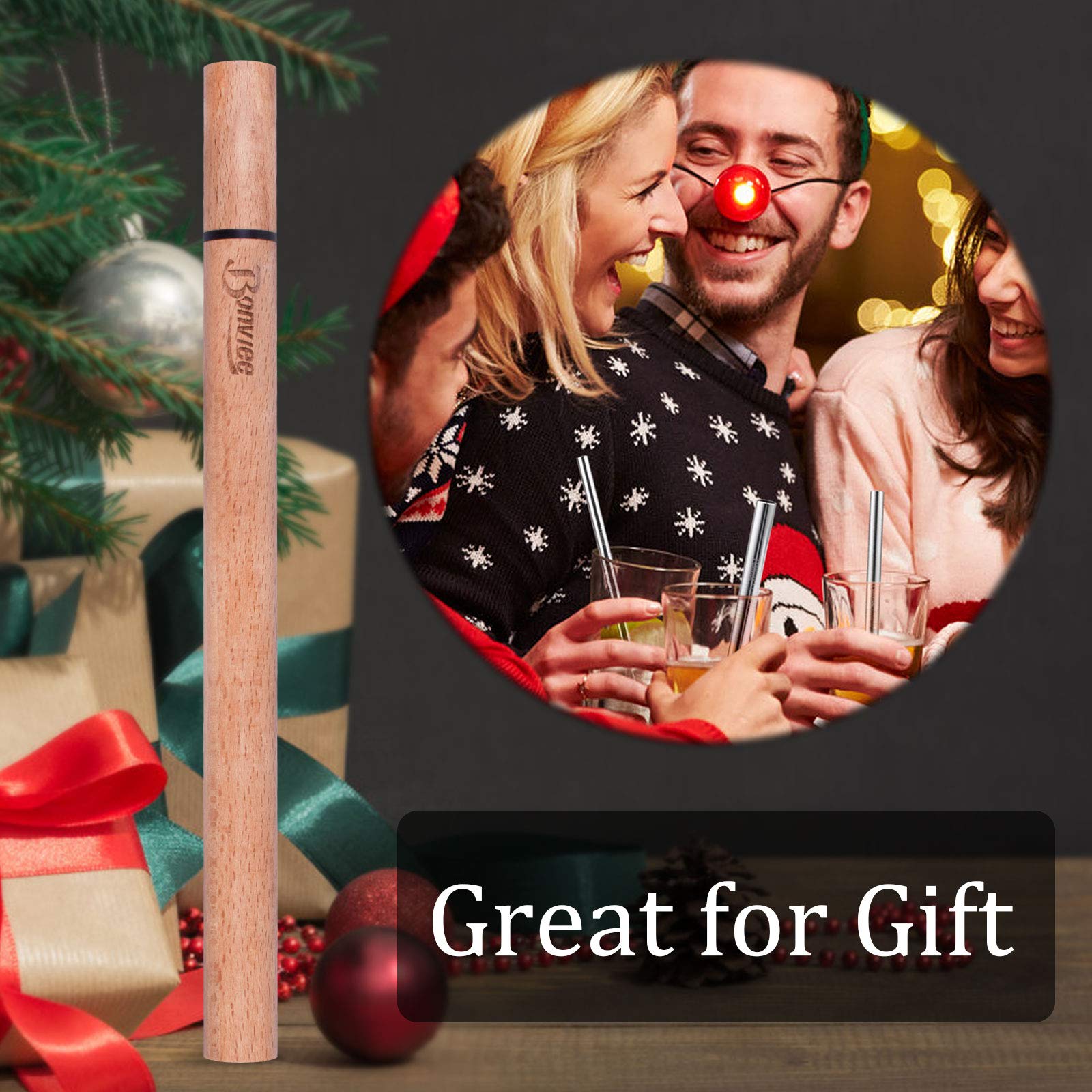 Bonviee Stainless Steel Straws 8.5 Inch Drinking Straws Metal Straws Reusable with Wooden Travel Case and Cleaning Brush Metal Drinking Straws for 20 OZ Tumbler YETI Cups (3 Size)