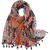 Yeieeo Boho Scarf for Women Lightweight Floral Printed Scarf Fall Winter Fashion Fringed Shawl