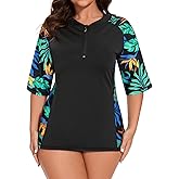 LURANEE Women Plus Sun Swim Shirt Swimwear Loose Fit Short Sleeve UPF 50+ Sun Protection Zip Rash Guard