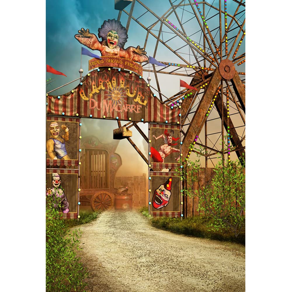 Aoihrraan 1,8x2,7m Circus Entrance Backdrop Amusement Park Clown Door Old Ferris Wheel Mysterious Playground Photography Background Halloween Party Decoration Kids Adults Portrait Photo Studio Props