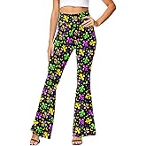 AOBUTE Womens Mardi Gras Bell Bottoms Purple Green Yellow High Waist Flare Pants