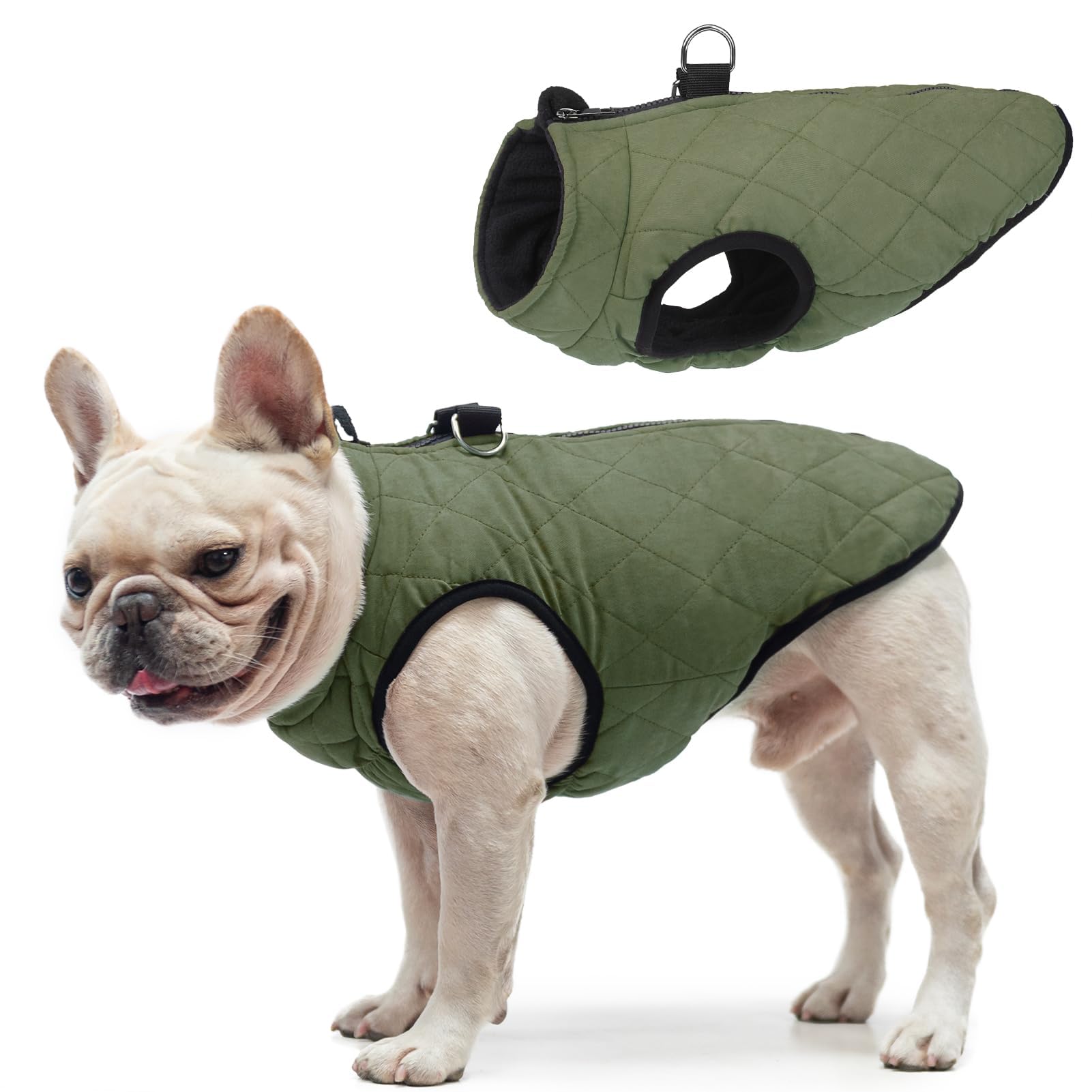 SCENEREAL Winter Dog Vest Coat with Harness Built In, Warm Puppy Jacket for Small Medium Dogs, Cold Weather Coats with Zipper, Fleece Puffer Vest Windproof Snow Clothes, Olive L