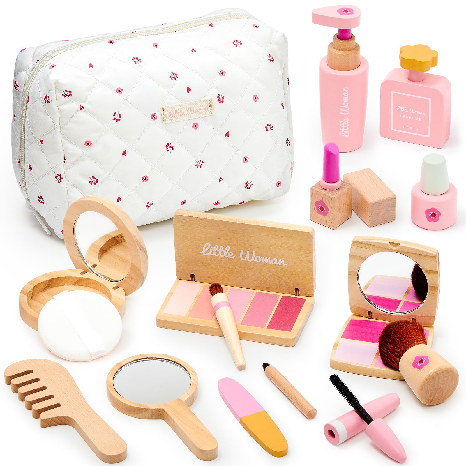 Photo 1 of Lonico Wooden Makeup Toy Set for Girls Pretend Play Makeup Kit for Toddlers 3-5 with Eyeshadow/ Mascara/ Perfume/ Blush/ Mirror/ Bag, Birthday Gifts for Girls Toys Kids Aged 3 4 5 6 7 8