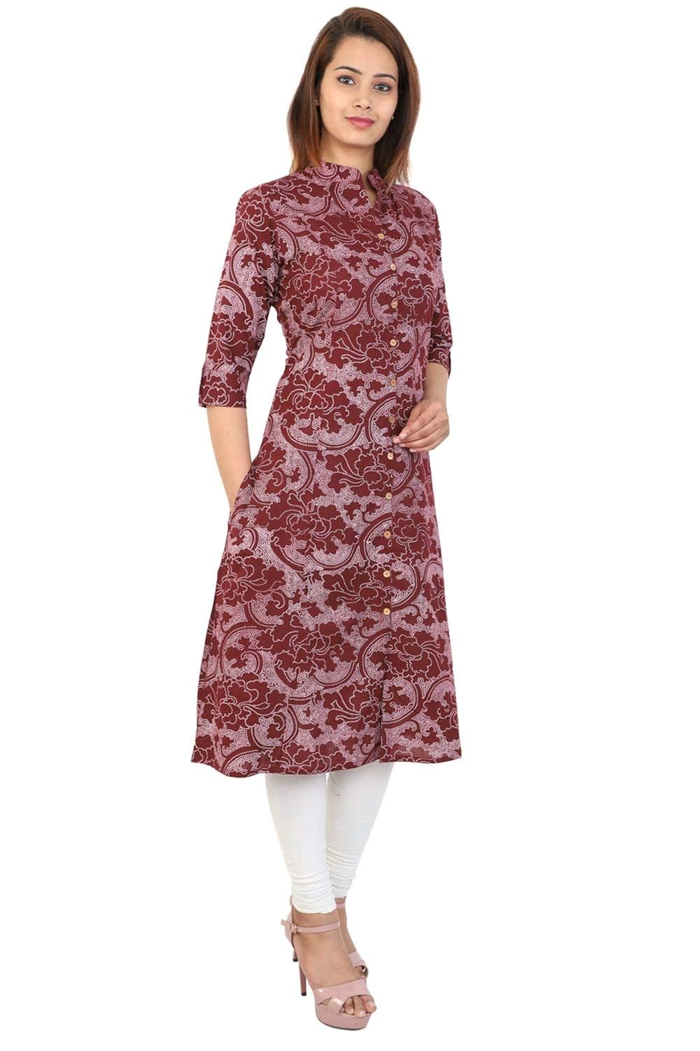 bright cotton women's a-line kurta printed (maroon)