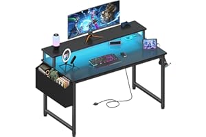 Lufeiya Black Gaming Desk with LED Lights and Power Outlets, 40 Inch Teen Writing Study Table Home Office Desks with Monitor Stand, Computer Desk with Charging Station USB Port, Black