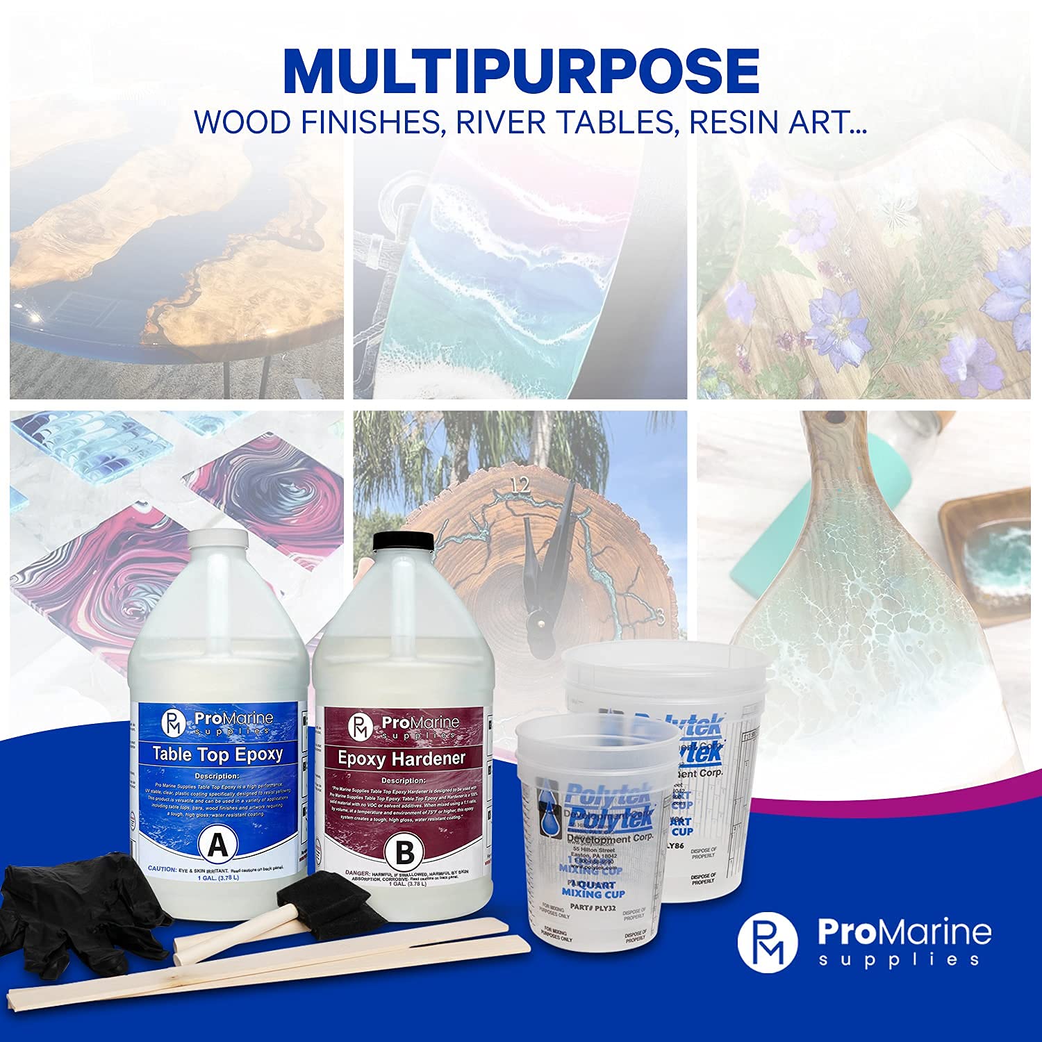 Pro Marine Supplies Crystal Clear Table Top Epoxy Resin & Hardener (2-Part 2 Gallon Combined Kit) with Cups, Brushes, Gloves, Sticks | UV-Resistant Gloss Coating for DIY Bar, Countertops, Woodworking: Industrial & Scientific