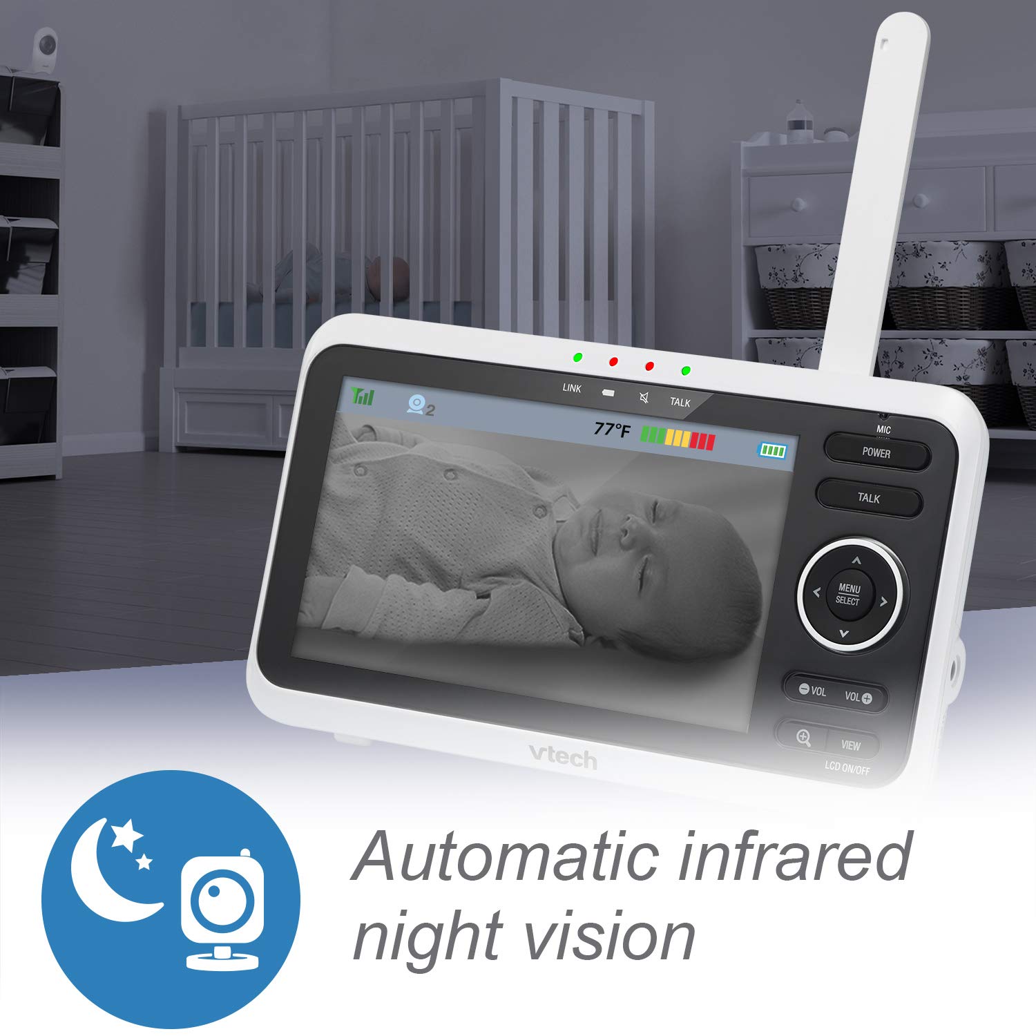 VTech VM350-2 5" Video Baby Monitor with 5" Screen, Long Range, Invision Infrared Night Vision, 2 Cameras, Multiple Viewing Options, Two Way Talk, Auto On Screen : Baby