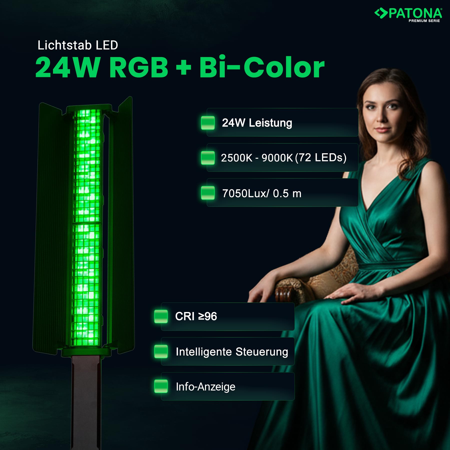 PATONA Premium LED-Stableuchte/Schwertleuchte RGB/Bi-Color | 72 LED's - 1800 Lumen | Farbtemperatur CCT 2500K - 9000K - 24W Power | 24 Fantastische Lichteffekte | APP-Steuerung | Fernbedienung 2