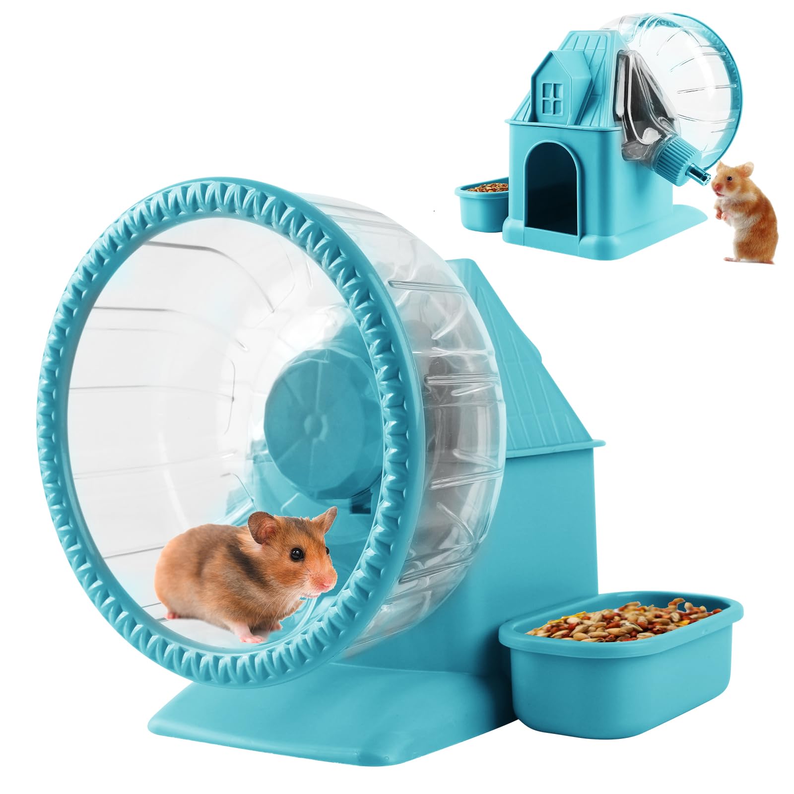 Photo 1 of 4 in 1 Silent Large Hamster Wheel Multifunctional Hamster Running Wheel Quite Running Spinner Wheel Accessories with Food Bowl Water Bottle for Hamsters Dwarf Gerbil (Blue)
