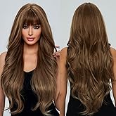 EMMOR Long Curly Light Brown Wigs with Bangs for Women, Heat Resistant Synthetic Wavy Wigs for Daily/Party/Cosplay