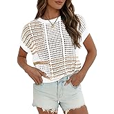 Fisoew Womens Short Sleeve Cropped Crochet Sweater Hollow Out Tops Summer Striped Crewneck Casual Knit Loose Beach Cover Ups