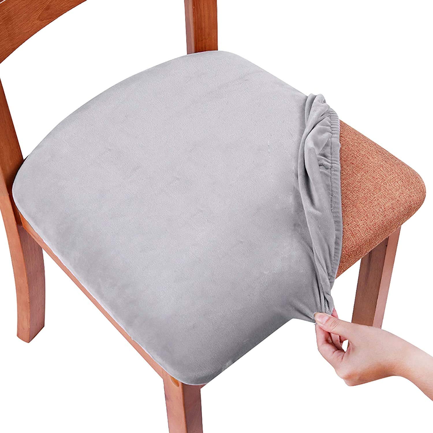 smiry Stretch Chair Seat Covers for Dining Room, Velvet Dining Chair Seat Protectors Chair Slipcovers, Set of 1, Light Grey