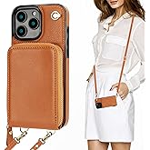 KIHUWEY Crossbody Wallet Case for iPhone 16 Pro Max, Zipper Pocket Case with Card Holder, PU Leather RFID Blocking Protective Cover with Kickstand and Detachable Wrist Strap Lanyard 6.9" (Brown)