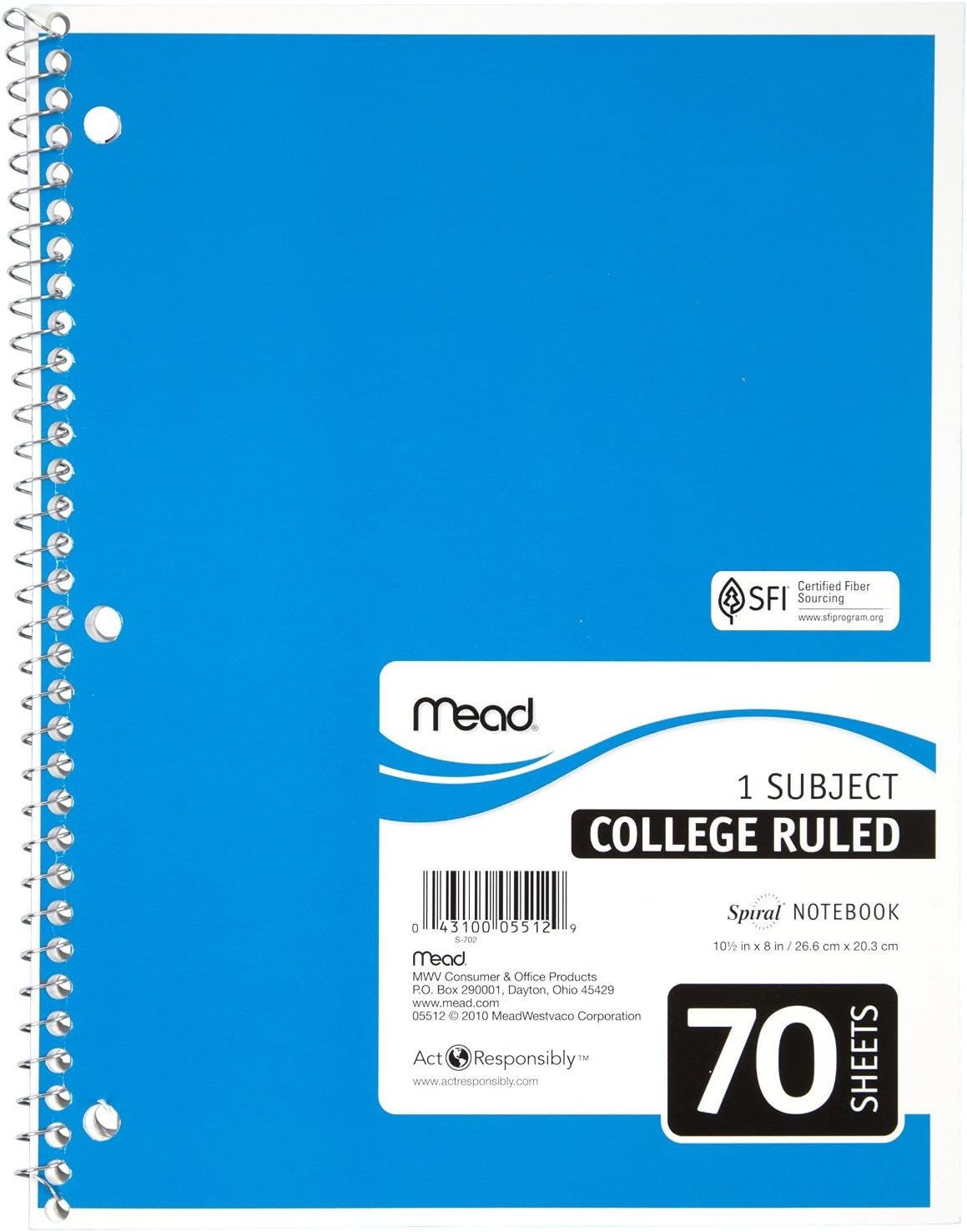 Mead Spiral Notebooks, 1 Subject, College Ruled Paper, 70 Sheets, Colored Note Books, Lined Paper, Home School Supplies for College Students & K-12, 10 1/2" x 8”, Assorted Colors, 6 Pack (73065) : Office Products