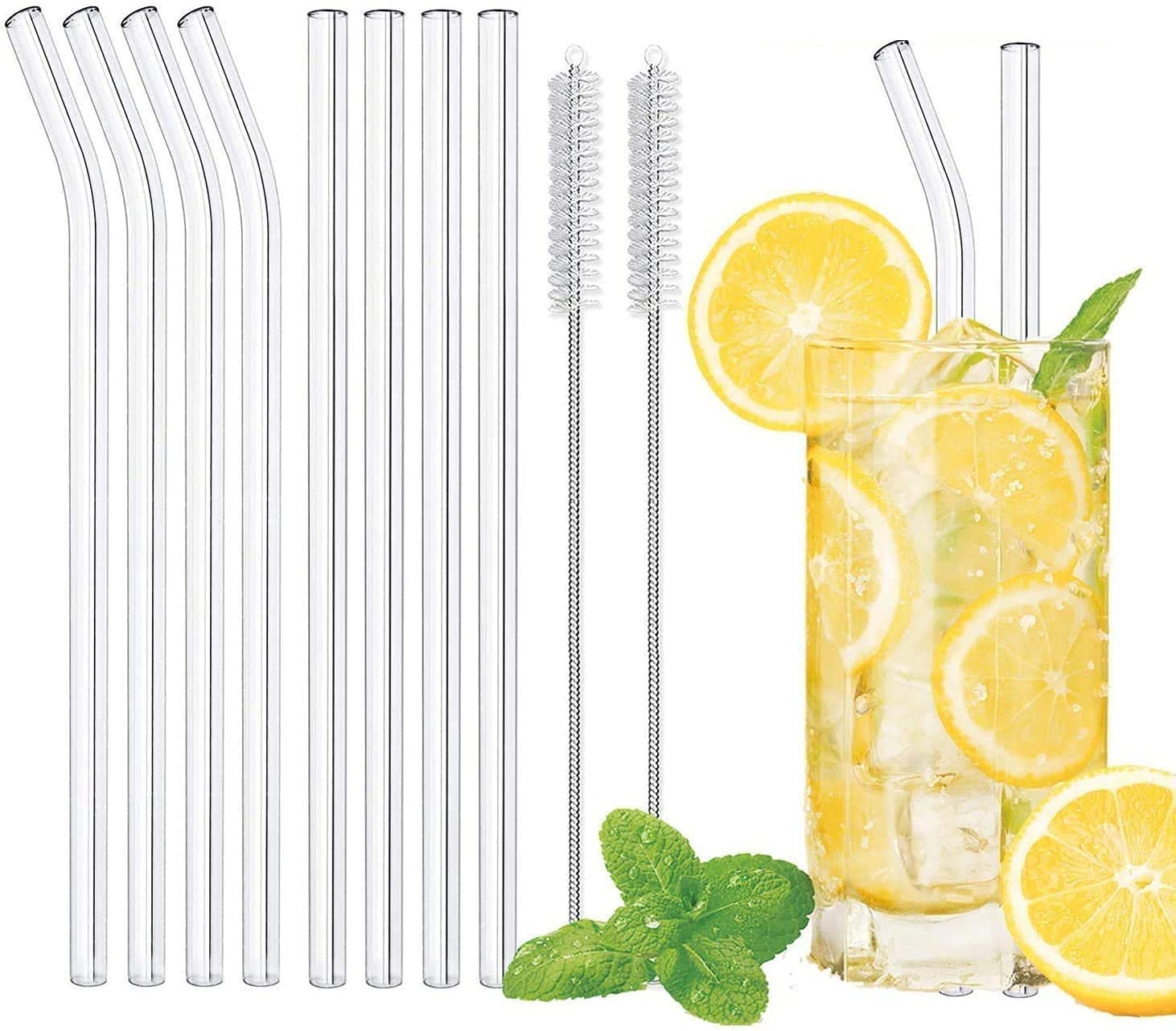 LessMo 8 Pcs Reusable Glass Straws-LFGB Certified Transparent Glass Straws with 2 Cleaning Brushes, Explosion-Proof, Environmentally Friendly, BPA-Free, for Cocktails