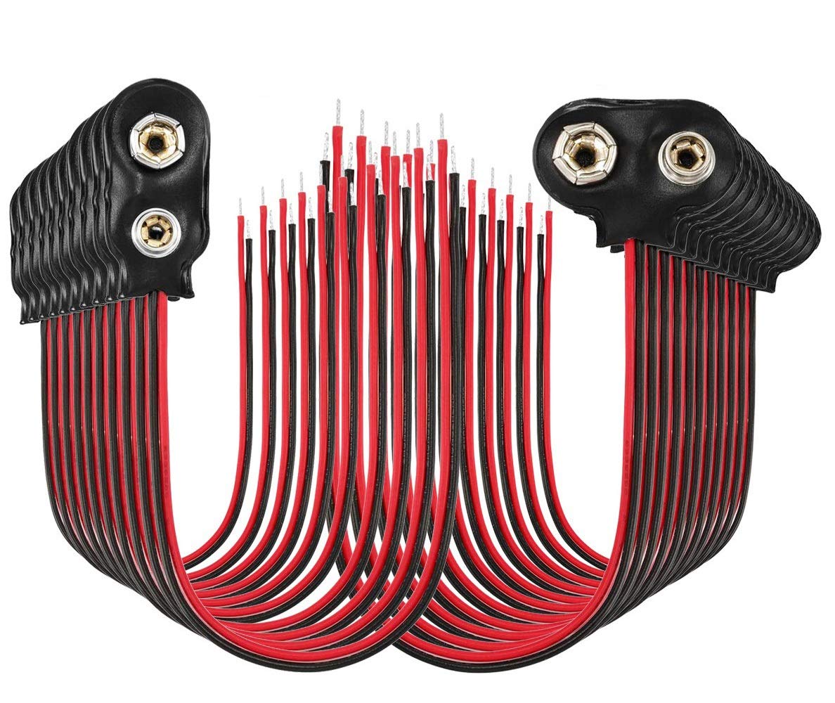 20 Pack 9V Battery Clips snaps connector with 5.9inch cable 1 Type and T Type Combination Battery Clip Connector DC(10*I Type + 10*T Type)+ Heat shrink tube