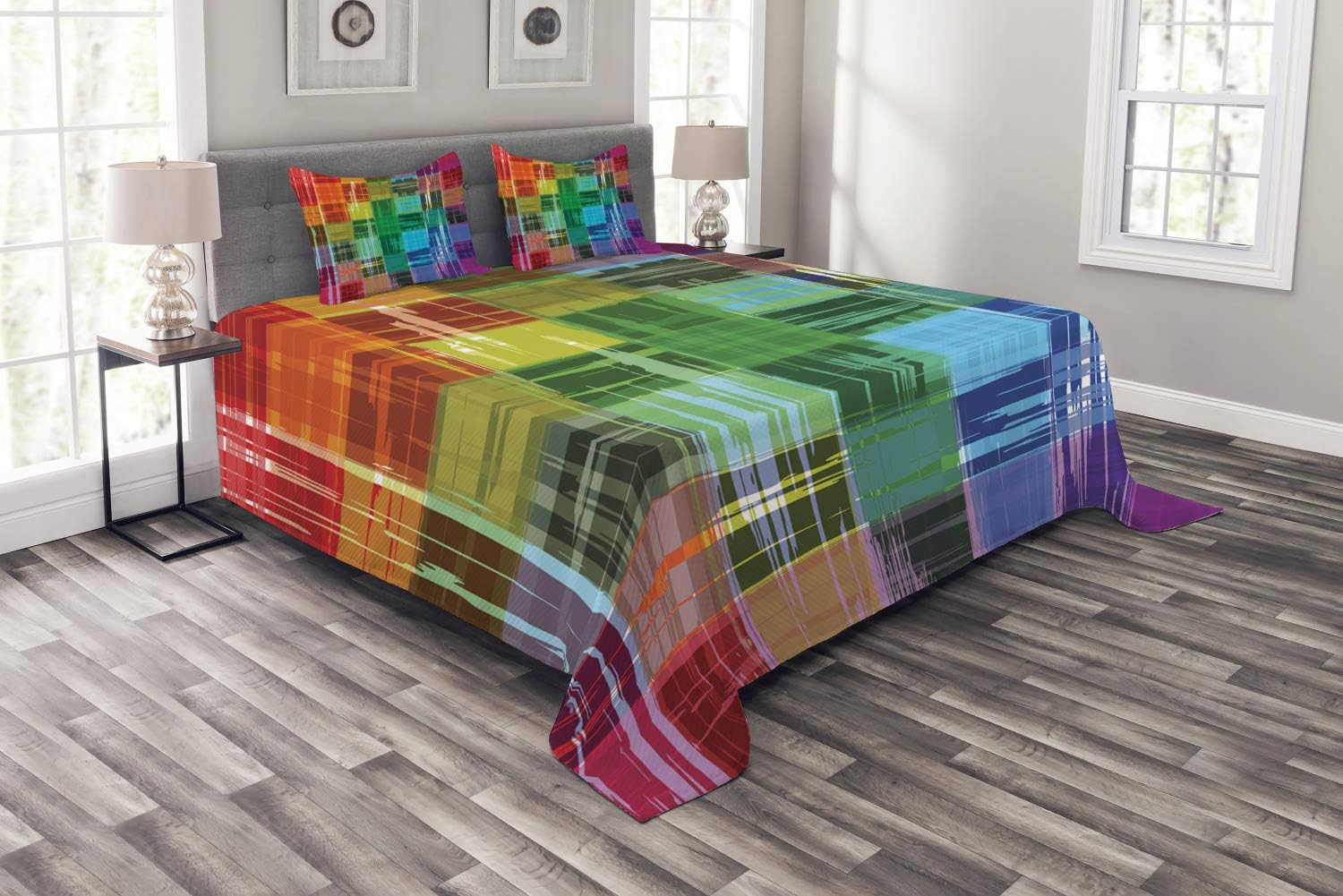 Ambesonne Vintage Rainbow Bedspread, Plaid Art Pattern with Abstract Colorful Squares and Paint Smears Design, Decorative Quilted 3 Piece Coverlet Set with 2 Pillow Shams, Queen Size, Fuchsia Orange