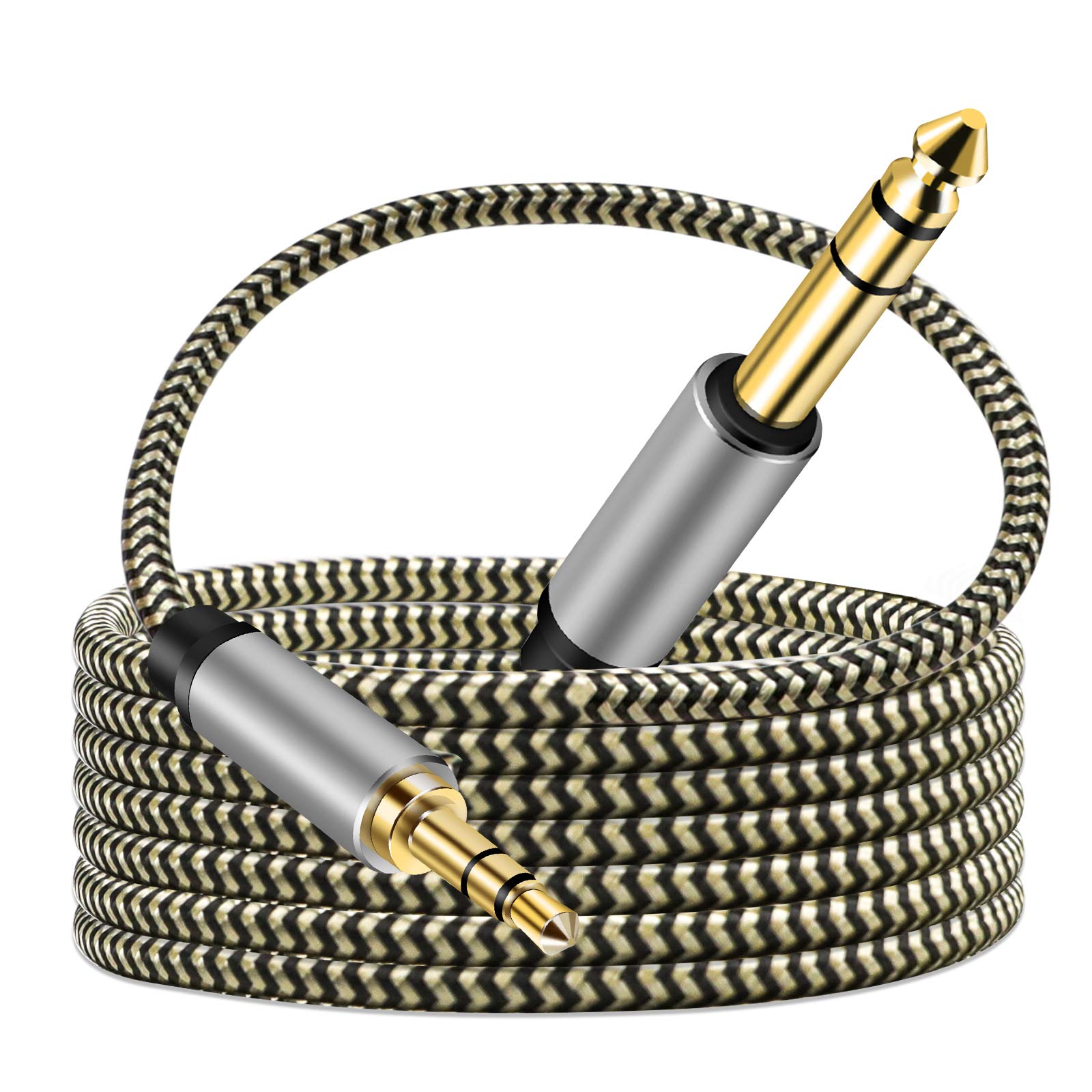 3.5mm to 6.35mm Audio Cable 2m, Gold-Plated Terminal Silver Color Zinc Alloy Housing 3.5mm 1/8" Male TRS to 6.35mm 1/4" Male TRS Nylon Braided Stereo Audio Cable for Cellphone, Amplifiers(2m/6Ft)