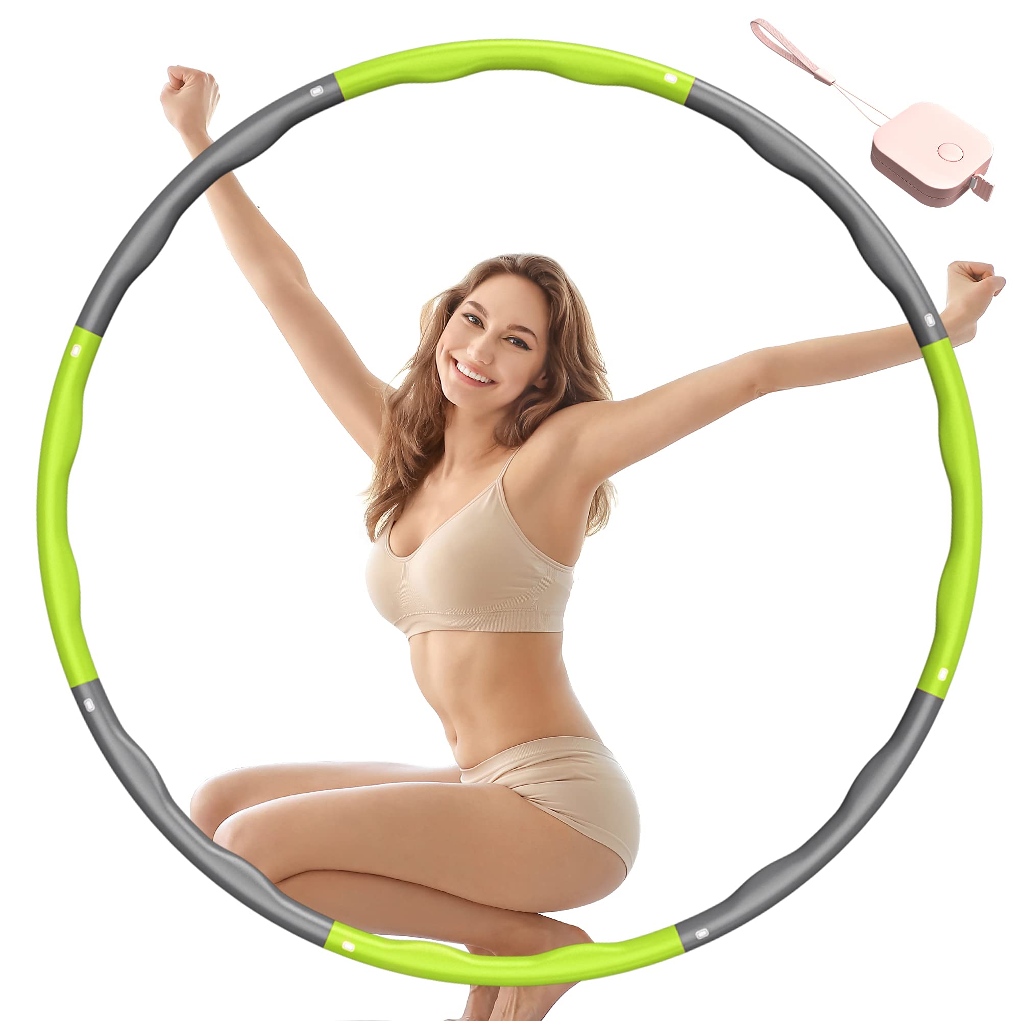 Weighted Hula Hoop ,1.2KG Hula Hoop for Adults, 6-8 Removable Sections Tyres Suitable for Adults and Children, Rings for Fitness, Green