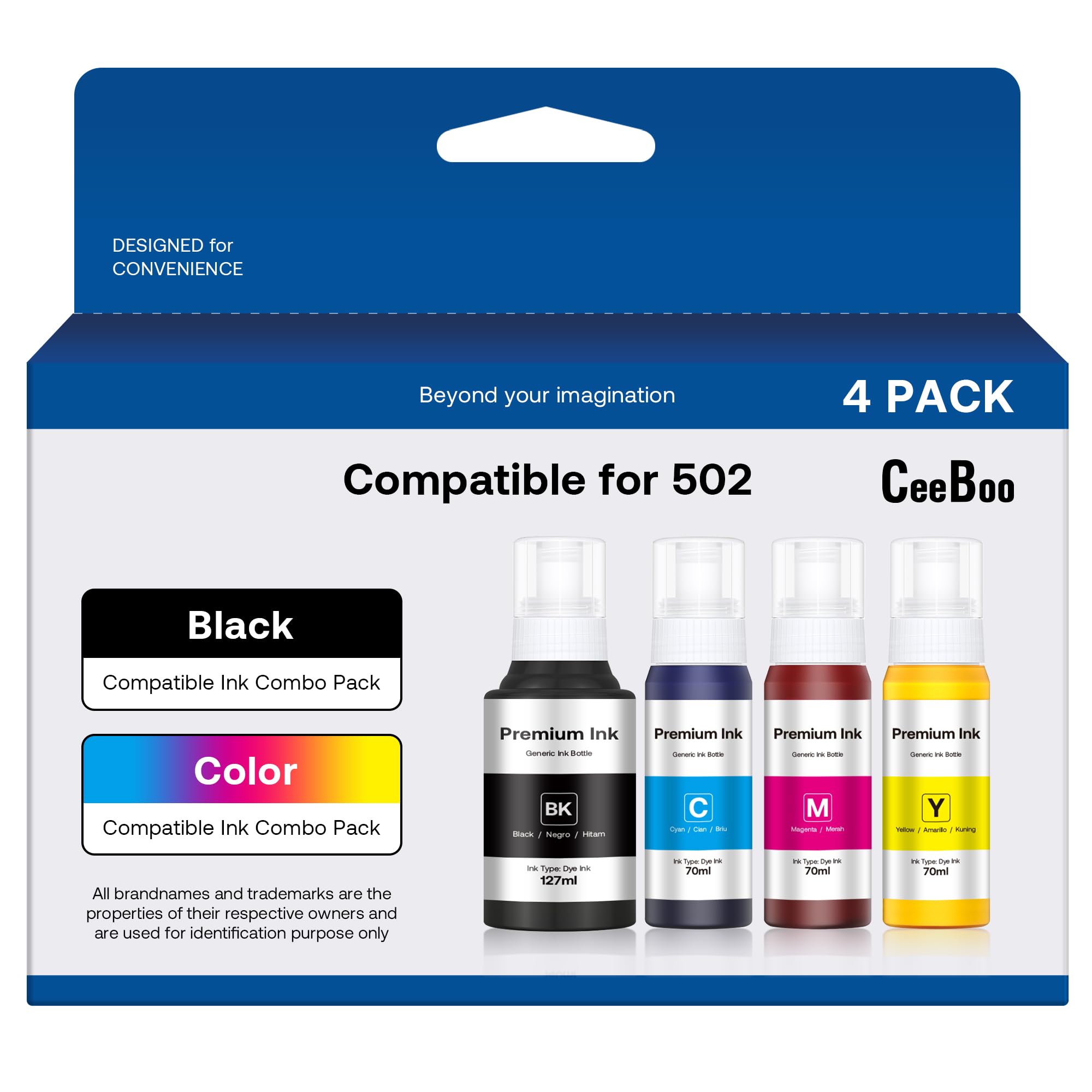 Compatible 502 Ink Bottles Replacement for Epson Compatible 502 Ink Refill Bottles ( Not Sublimation Ink ) Use for ET-2850 ET-3830 ET-3850, 4 Bottles