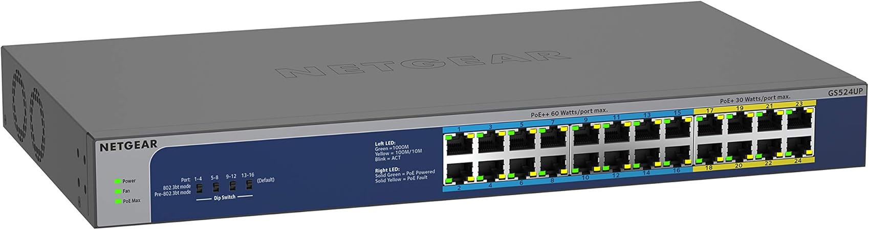 Amazon Com Netgear 24 Port Gigabit Ethernet Unmanaged Poe Switch Gs524up With 8 X Poe And 16 X Poe 480w Desktop Rackmount And Prosafe Lifetime Protection Computers Accessories