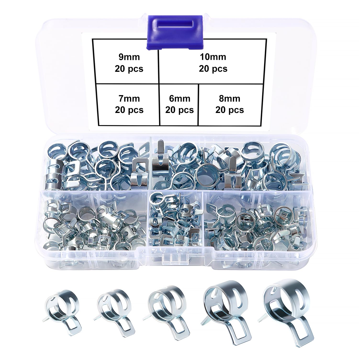Lyeteung 100 PCS 6/7 / 8/9 / 10 mm Spring Hose Clamp Assortment Set, Fuel Line Hose Clips, Fuel Line Pipe Clips, Water Pipe Air Tube Silicone Vacuum Hose Clamp Fastener, Silver